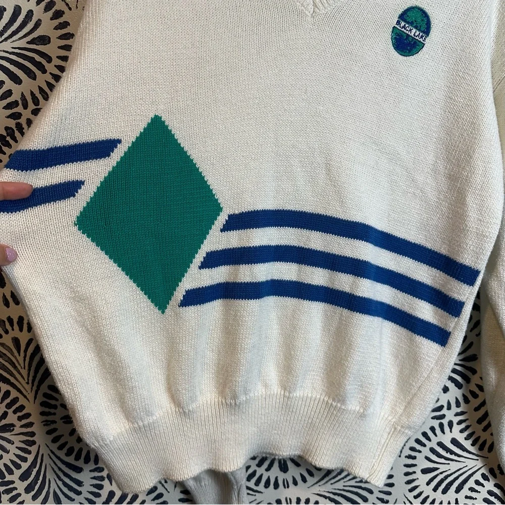 Vintage IZOD Club Black Lake Golf V Neck Stripe Diamond Sweater FLAWED R… - Picture 3 of 14